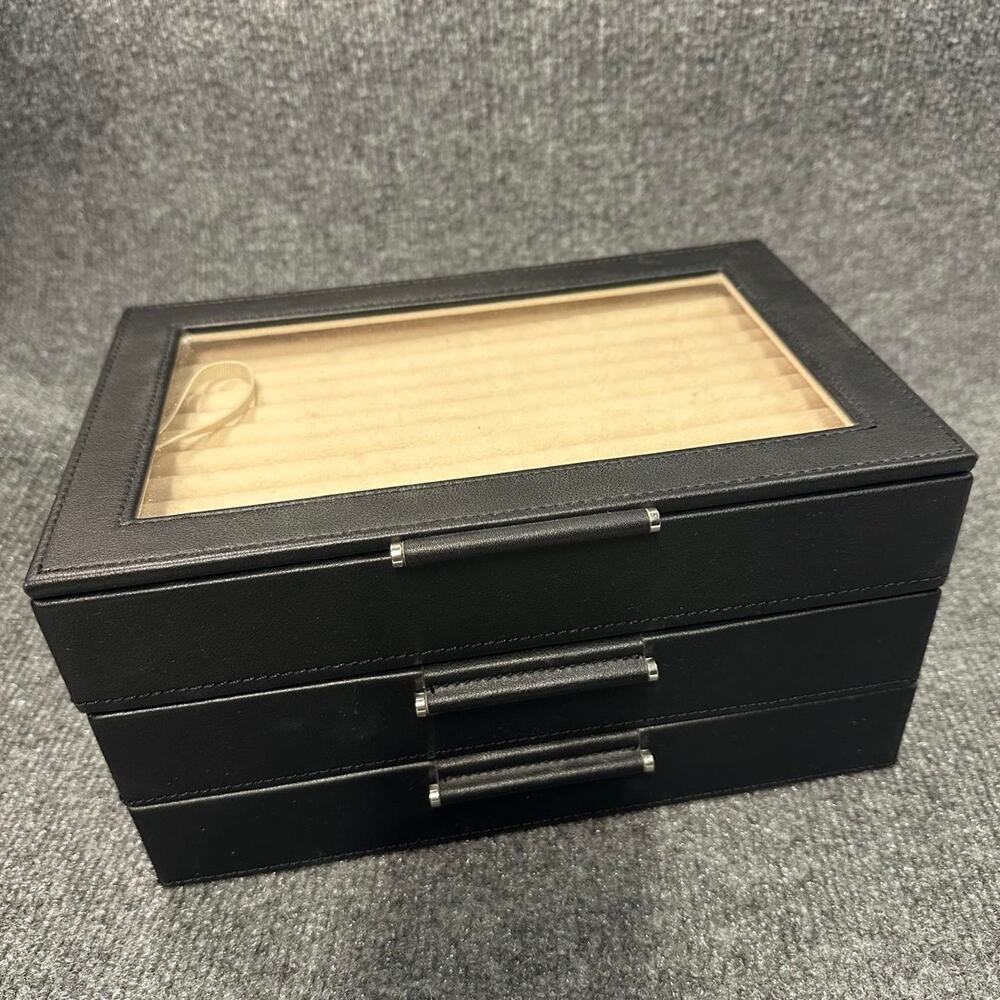 WOLF Medium 3-Tier Jewelry Box with Window and LusterLoc in Black